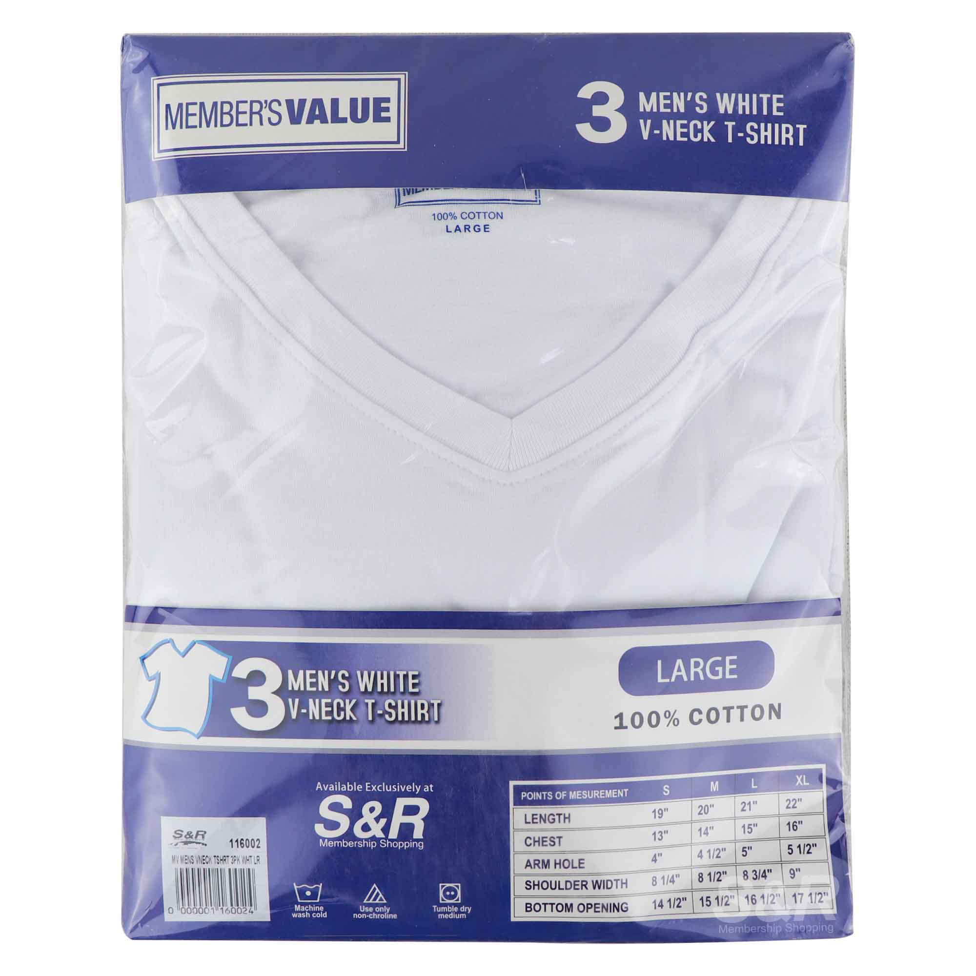 Member's Value Men's Large White V-neck T-shirt 3pcs